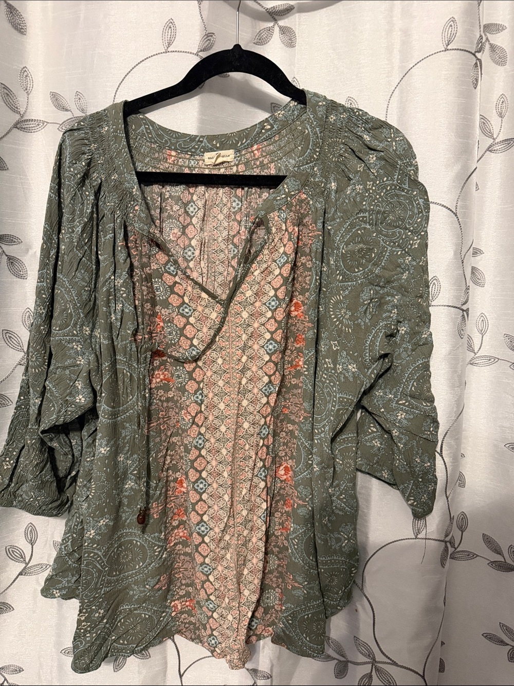 Boho Mixed-Print Women's Blouse in Sage Green and Blush